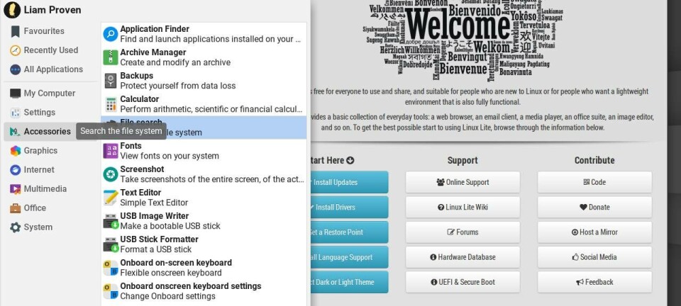 Linux Lite 7.6, with its Welcome app and the Start menu open. No mess, no fuss, no nonsense.