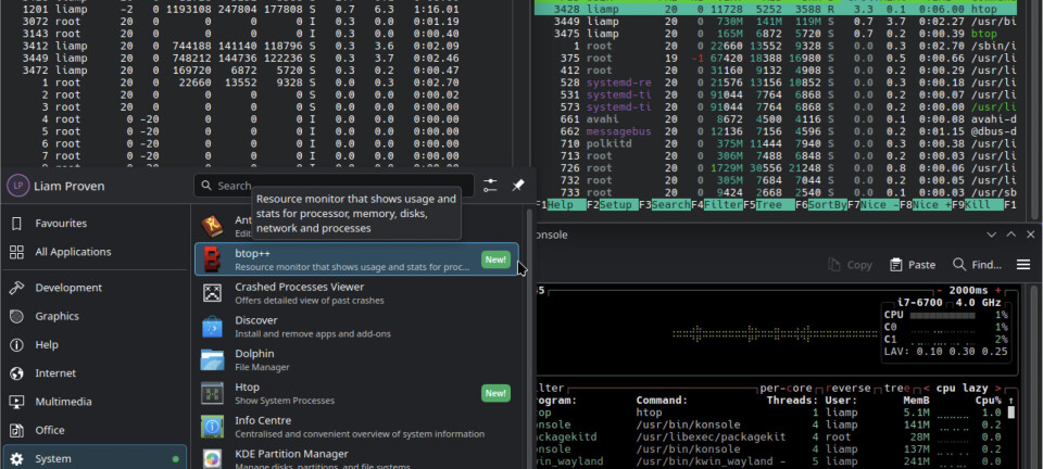 Plasma 6.4 showing three tiled system monitors – two of them highlighted in the launch menu as newly installed.