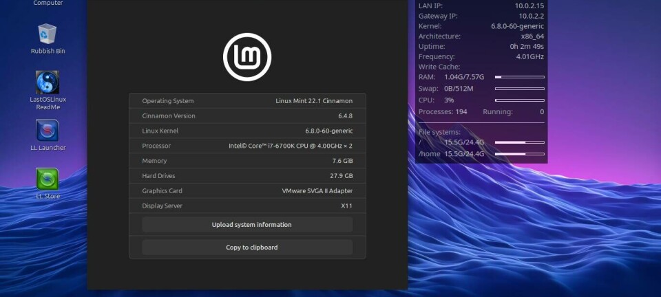 LastOS showing the desktop and Conky system monitor, plus Mint's info box