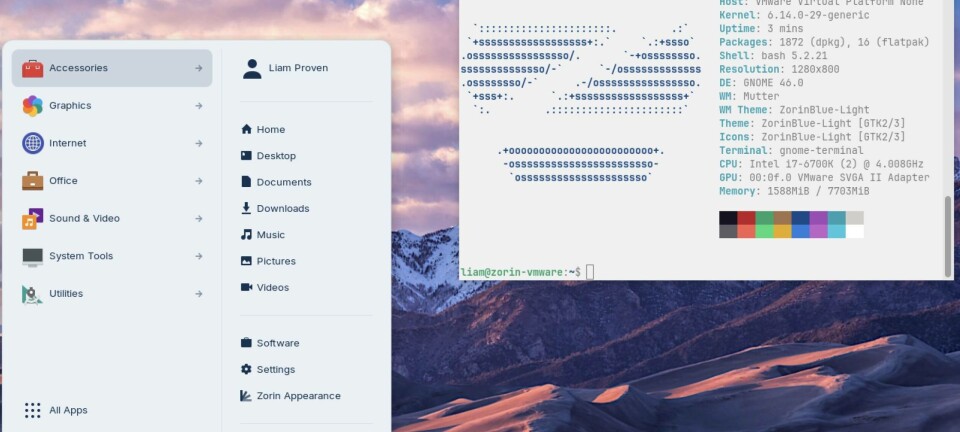 Zorin OS 18 desktop showing App Menu and a terminal window with Neofetch