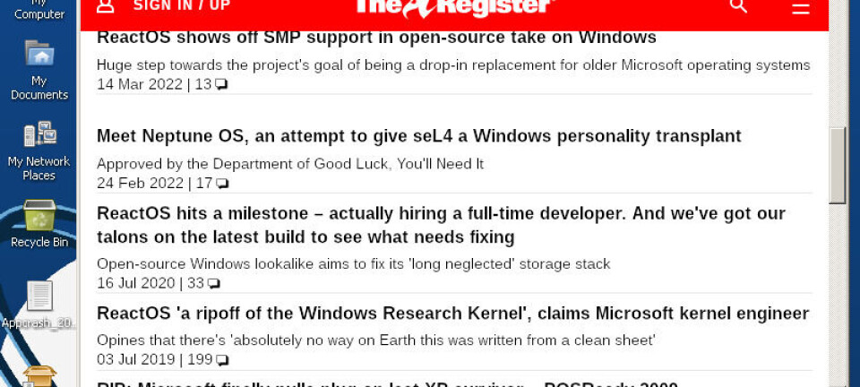 ReactOS 0.4.15 running Firefox 52 showing Register stories about itself.
