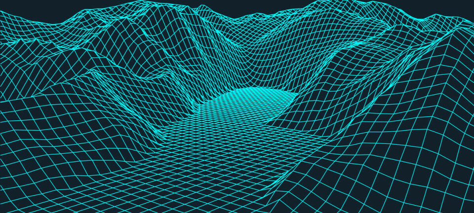 A 3D landscape rendered as a wireframe mesh