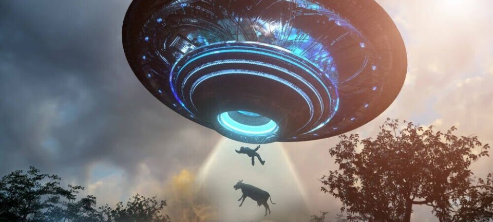 Illustration of a UFO / alien spaceship beaming up a person and cow