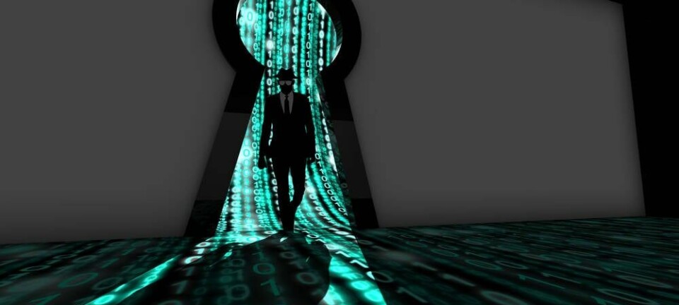 A silhouette walks through a keyhole leaking binary