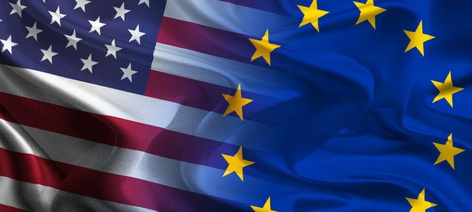 Illustration merging the USA and EU flags