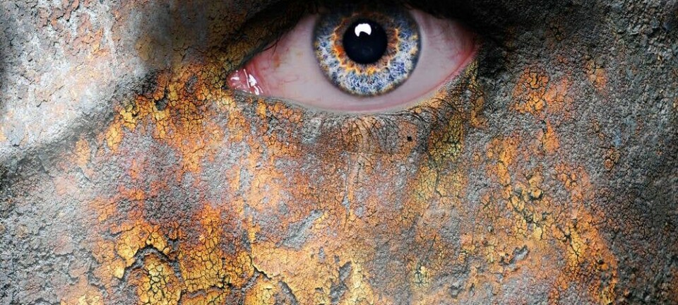 A close-up of a rust-textured face