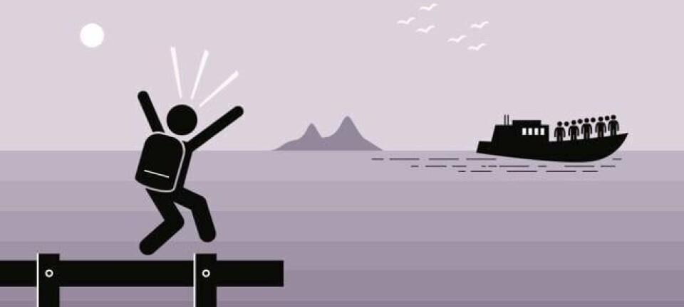 Figure left behind on a dock as a boat sails away