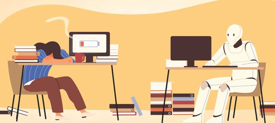 Illustration of a human office worker asleep next to a robot one
