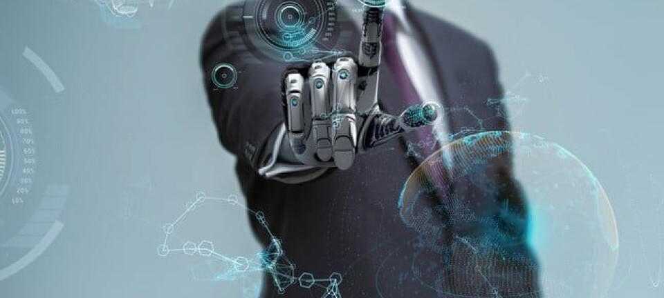 businessman operating virtual hud interface and manipulating elements with robotic hand