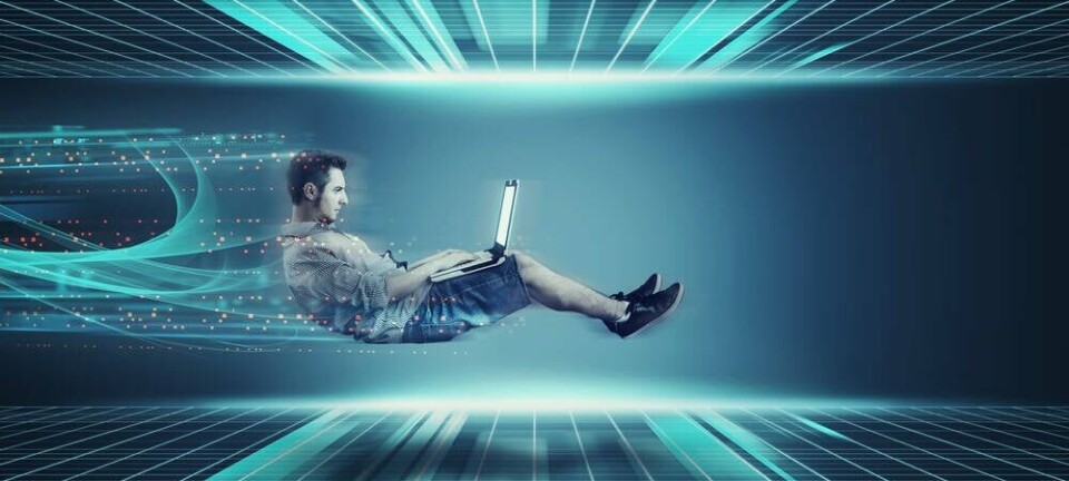 Illustration of someone on a laptop in a computer universe being pushed along by digital signals