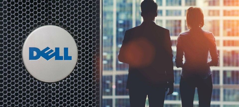 Combination illustration of 2 workers looking out of a window next to a Dell logo