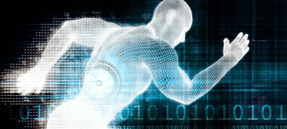 Illustration of a man running alongside binary numbers