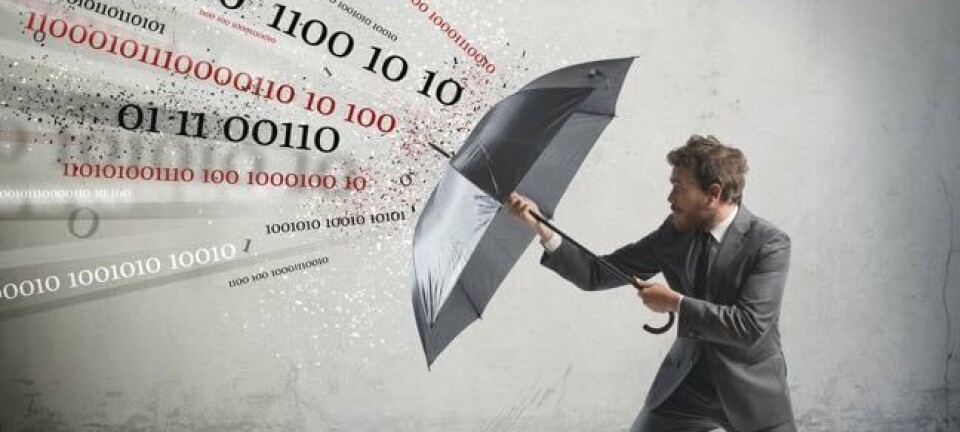 Man with umbrella shielding himself from binary digits
