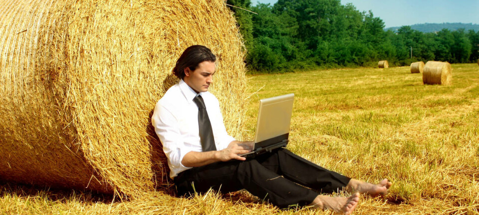 man with laptop countryside