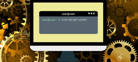 Illustration of someone running sudo on a PC surrounded by cog wheels