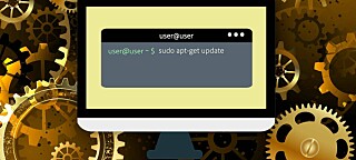 Illustration of someone running sudo on a PC surrounded by cog wheels