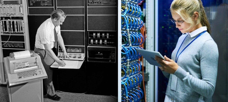 Composition image of someone working on a PDP-15 in the 1970s and someone today in a modern datacenter