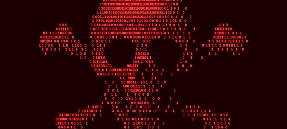 A skull and crossbones made up of red 1s and 0s on a black background