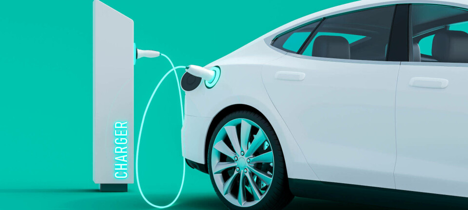 Illustration of a generic white electric car charging at a connected power charger
