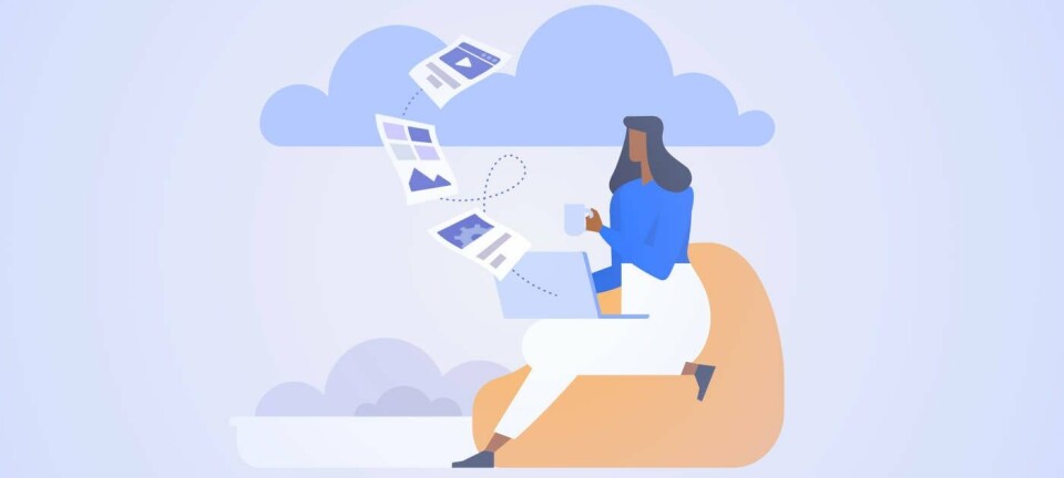 Illustration of files moving from someone's laptop to the cloud
