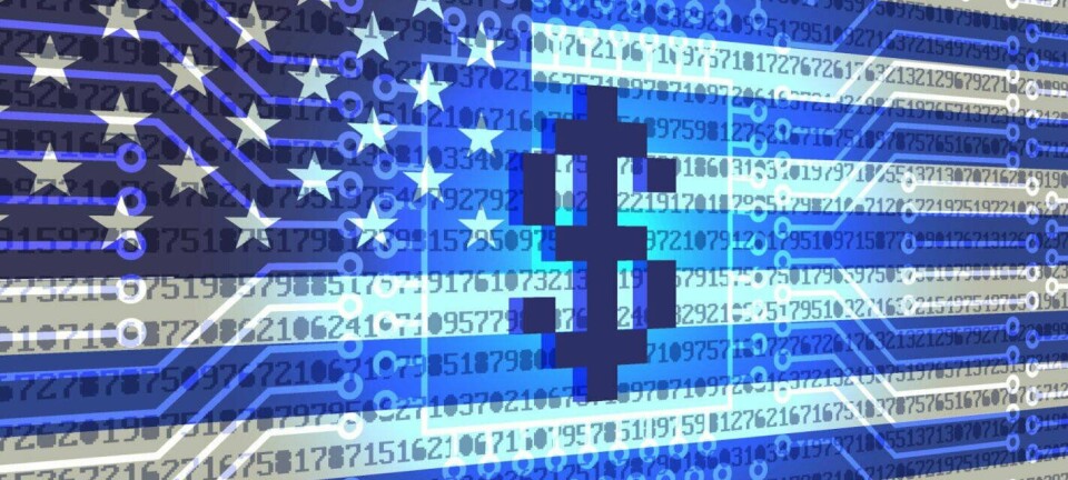 Abstract illustration of a dollar sign over a chip schematic, binary nnumbers, and the USA flag