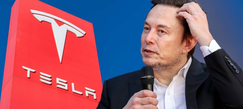 Composite image of Tesla logo and Elon Musk looking concerned