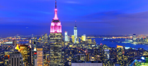 New York skyline at dusk with Empire State Building lit up