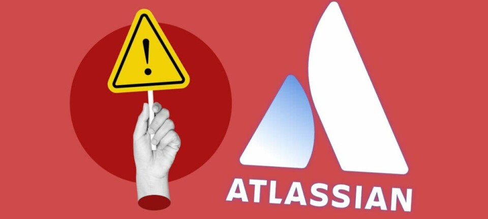 A hand holding a warning sign next to the Atlassian logo