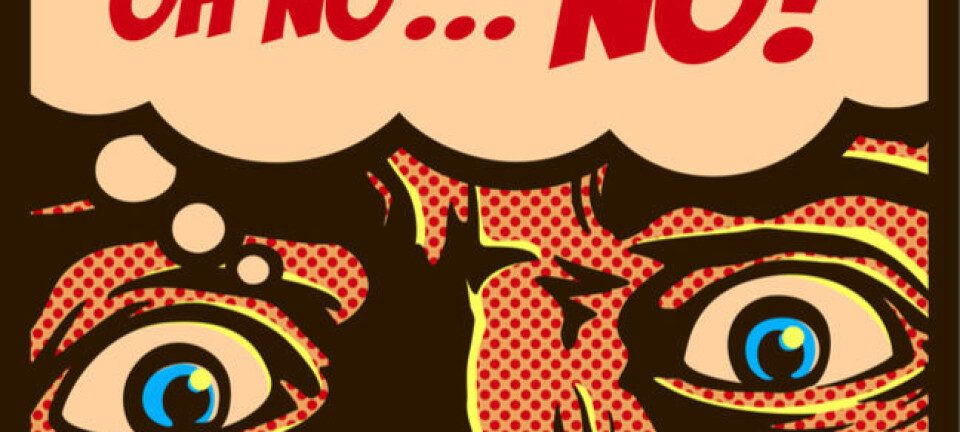 Faux pop art illustration: sweating man thinking 'Oh no, no'
