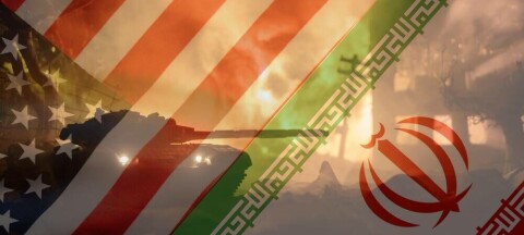 US and Iran flags over battle scene with tank