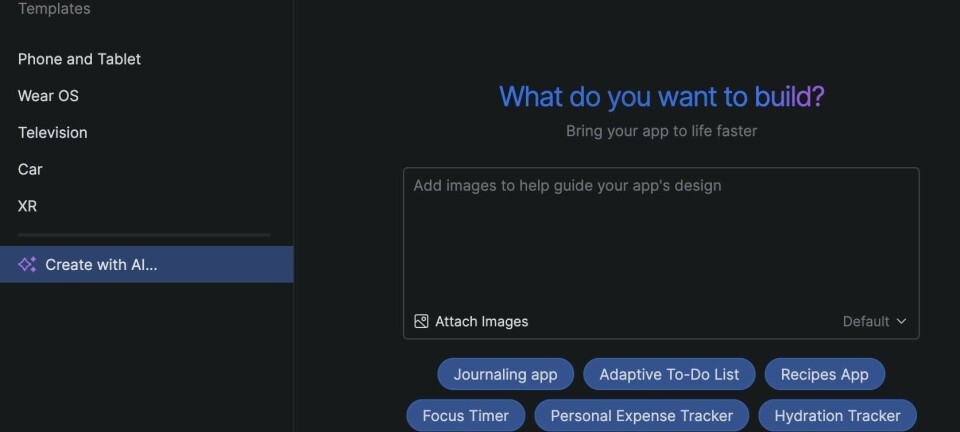 Create with AI in Android Studio enables building a project from scratch with prompts