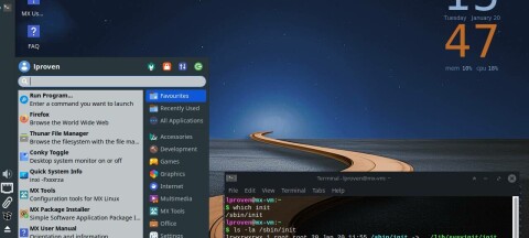 MX Linux 25.1 with the default Xfce, with start menu at bottom left – and sysvinit