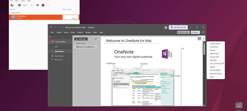WinApps on Ubuntu 25.10's GNOME desktop, showing OneNote, the app launcher, and VMM.