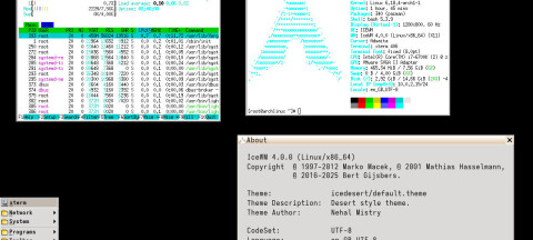 IceWM 4.0 on Arch Linux showing Htop in an Xterm, the about box, and a window with Fastfetch