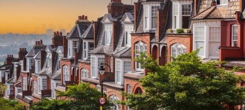 Traditional terraced houses in warm sunset light with parked cars and trees.