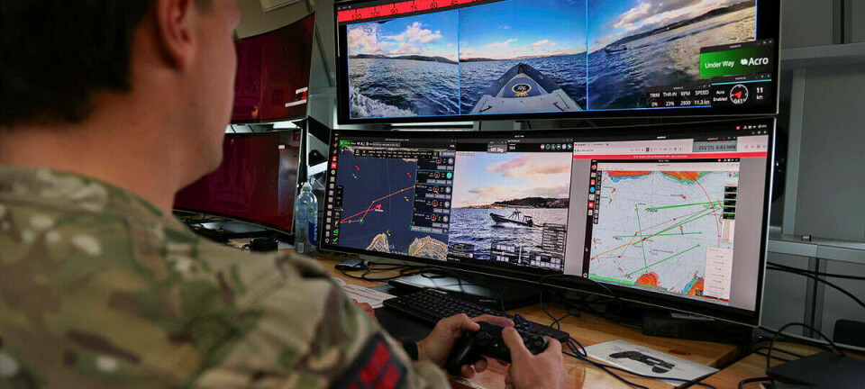 A member of the Royal Marines is seen here onboard XV Patrick Blackett taking part in an uncrewed / autonomous operational demonstration. Pic credit: Crown Copyright