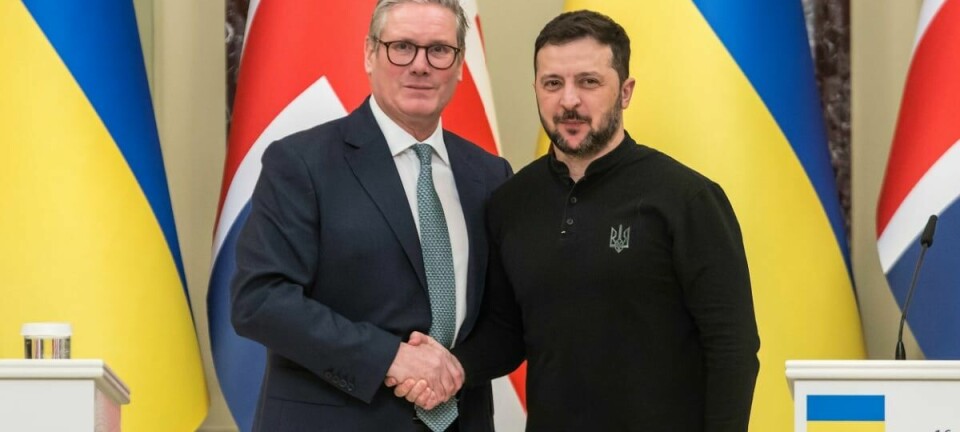 Ukrainian President Volodymyr Zelenskiy and Keir Starmer, Prime Minister of the United Kingdom, shake hands after a joint press conference in Kyiv, Ukraine, on January 16, 2025