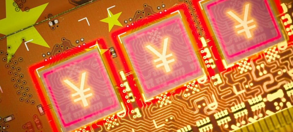 Digital Yuan and China flag in the center of a circuit board