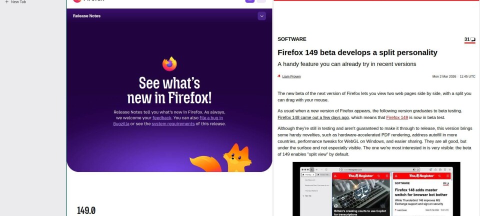 Firefox 149 with a vertical tab bar showing the announcement and the Reg article on the beta