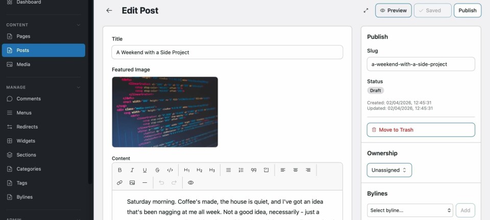 The EmDash dashboard is reminiscent of WordPress but is built on Astro