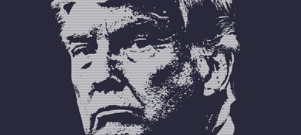 Stylized black-and-white portrait of Donald Trump on a dark background.