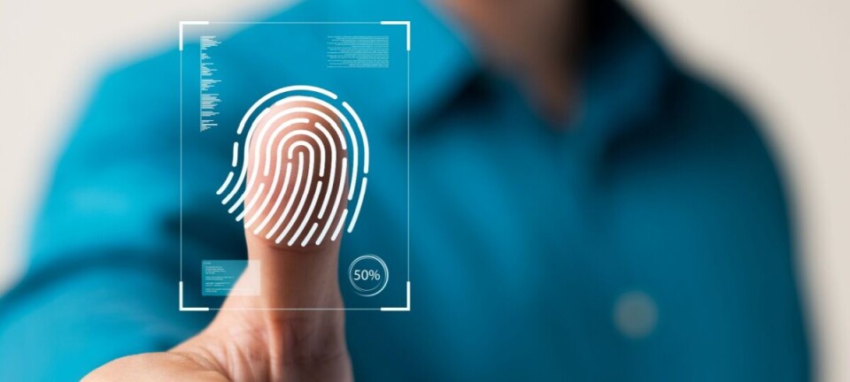 A close-up thumb in front of a digital fingerprint recognition overlay.